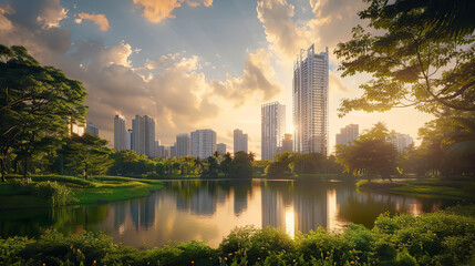 Modern building mirrors clouds above peaceful green space, showing nature-city harmony. Glass...