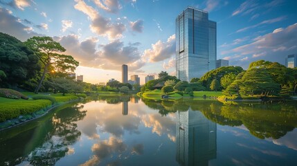 Modern building mirrors clouds above peaceful green space, showing nature-city harmony. Glass...