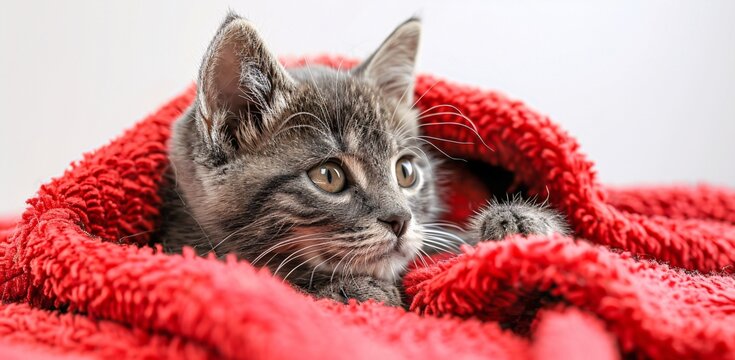 A Kitten's Dreamy Eyes in a Cozy Red Bed Generative AI