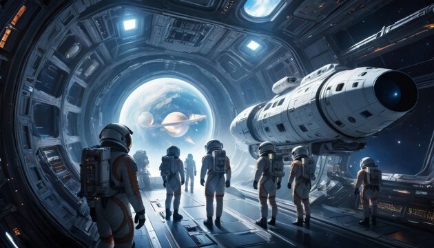 A group of astronauts facing a spaceship in a hangar, with a planetary view, creating a dramatic and imaginative stock photo option.. AI Generation