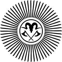 Vektor Symbolik - Opfer Rituale - Nordische Kultur und Mythologie - Kreis mit Äxten und gehörntem Schädel - Sonne mit Strahlen