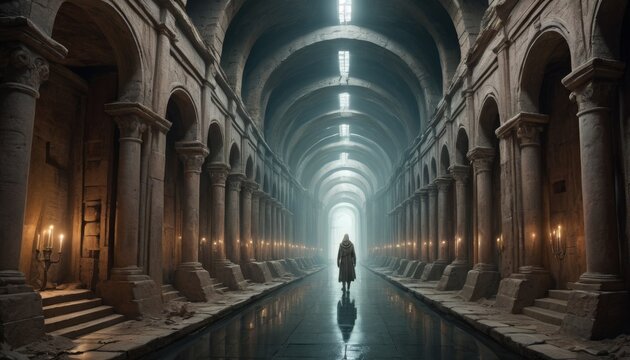 A solitary figure stands at the end of a grand, dimly-lit cathedral hallway, flanked by rows of burning candles, conveying a serene yet mysterious atmosphere. AI Generation