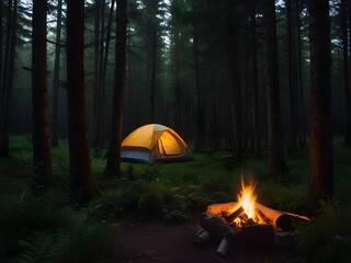 A green tent nestled amongst tall trees in a summer forest campsite