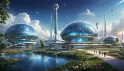 An utopian cityscape with organic, bubble-like structures and lush parks under a bright sky, showcasing a harmonious blend of nature and advanced technology.. AI Generation