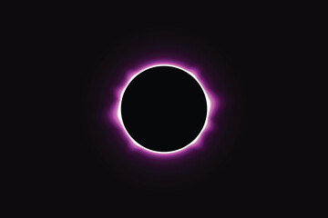 Iridescent round aura eclipse. Purple planet glow background. Sun or moon total eclipse in dark space. Star aurora flare with sparkles and sparkles effects. Vector illustration