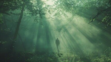 Writer, photographer, creative fusion, words and visuals dance together in a delicate balance, amid a misty forest setting, Photography, Backlights, Depth of Field - obrazy, fototapety, plakaty