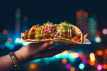 A person's hand holding a Poke Taco against a backdrop of city lights, capturing the urban dining experience, with the colorful dish standing out against the nighttime skyline