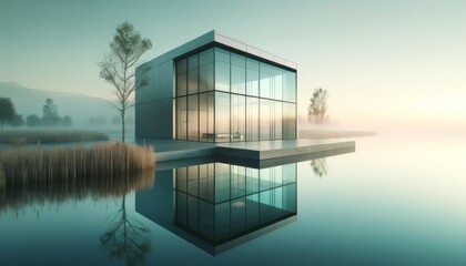 Modern glass house by lake, with morning mist and soft sunrise colors. Calm waters mirror a modern glass house at sunrise.