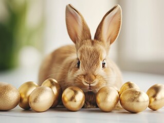 Fototapeta na wymiar Happy easter concept holiday animal celebration greeting card Cute little easter bunny, rabbit with golden painted easter eggs on a table, isolated on white background
