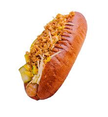 Delicious Gourmet Grilled Hot Dogs With Mustard, Pickles, Onion