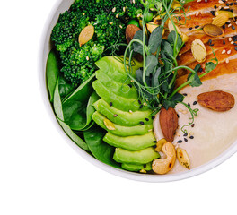 Healthy salad bowl with chicken breast top view