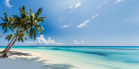 Fototapeta na wymiar beach with palm trees, bright blue water in the Maldives and palm trees, a white sandy beach with turquoise sea