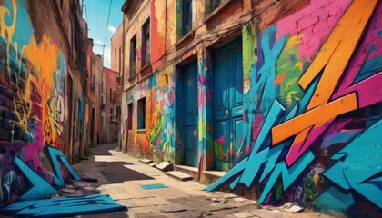 Fototapeta premium Urban street art showcasing vibrant graffiti on the weathered walls of a narrow alley, invoking a sense of creative expression.. AI Generation