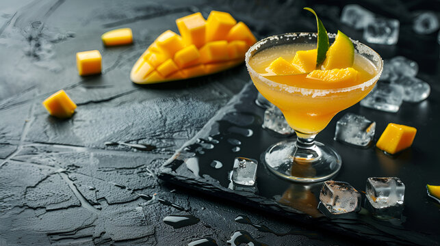 A glass of orange juice with a slice of pineapple on top. The glass is filled with ice cubes,Tropical fruit cocktail with mango on dark background