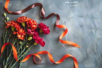 A red carnation and an orange and black striped Saint George's ribbon on a background with gray tiles. Blank space for text or a message. National celebration of victory day in Russia. 9 may