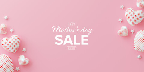 A pink background with hearts and stars. The text is "Happy Mother's Day Sale" and is written in white