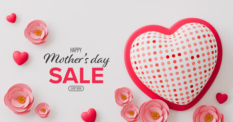 A heart shaped sign with a pink background and red flowers. The sign says "Happy Mother's Day Sale" and is surrounded by pink flowers