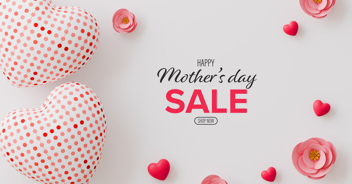 A white background with two hearts and pink flowers. The text says "Happy Mother's Day Sale" and is in red