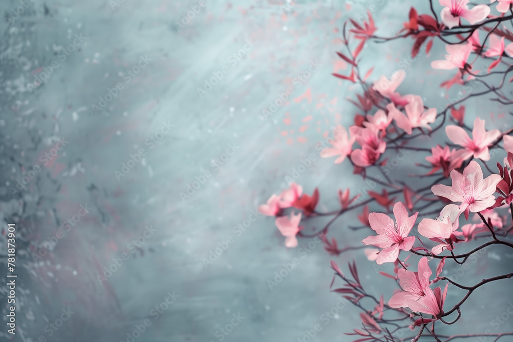 Poster slide background with colorful blossom branches framing on a painted wall. background image. created