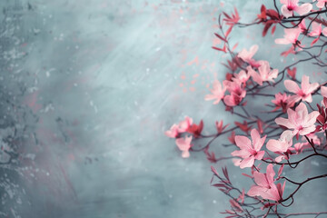 Slide background with colorful blossom branches framing on a painted wall. Background image. Created with Generative AI technology.