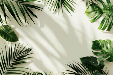 Slide background with tropical leaves framing on a white wall. Background image. Created with Generative AI technology.
