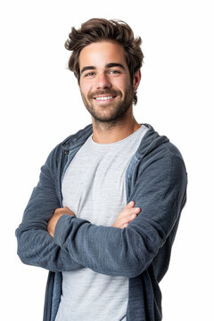male startup employee, caucasian, short hair, smiling, white background, casual attire, arms crossed 