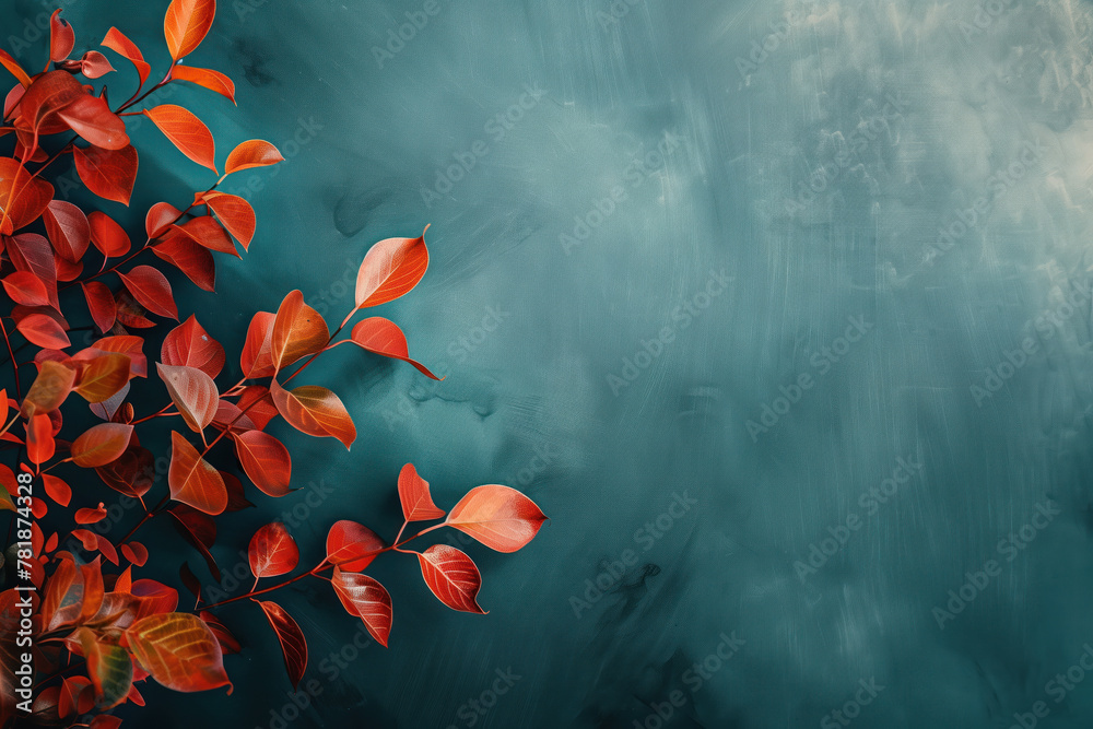 Poster slide background with red leaves framing on a painted wall. background image. created with generativ