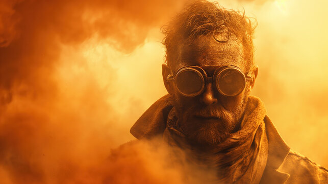 surviving man soldier warrior in glasses in steampunk style in a dusty desert in post apocalyptic world after nuclear war