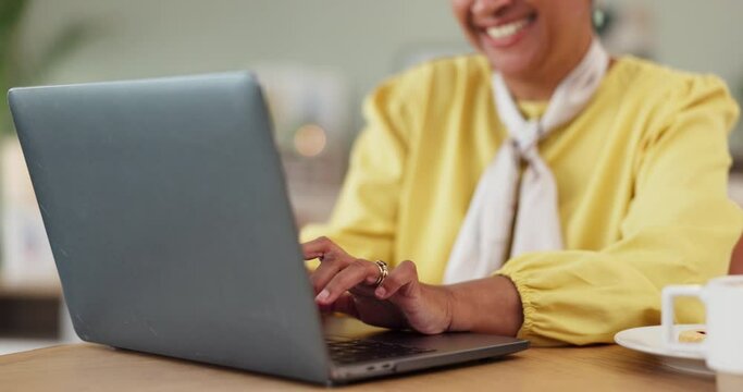 Smile, laptop and mature woman in coffee shop for internet blog, communication or networking. Planning, freelancer and female person in cafe with computer typing email, entrepreneur or remote work