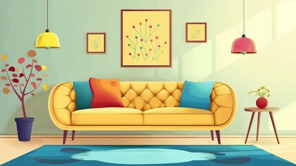 Round and cute sofa, home interior background.Vector flat style illustration