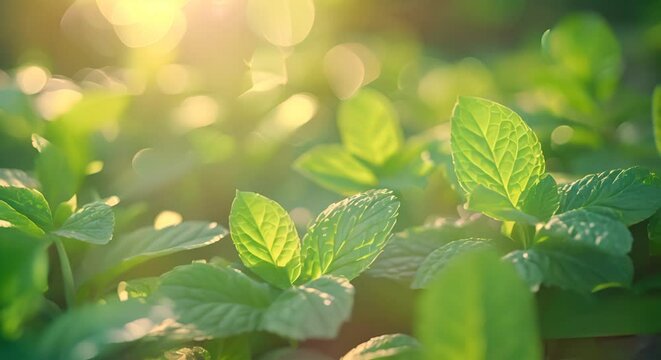 Fresh mint leaves on a soft, blurred garden bed, refreshing aroma
