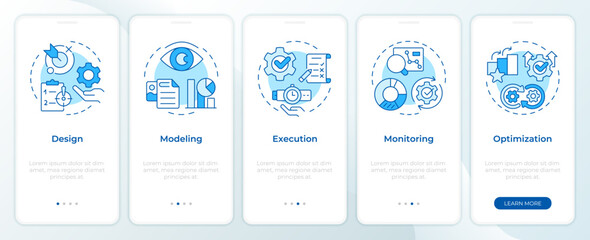 Fototapeta na wymiar Business organization stages blue onboarding mobile app screen. Walkthrough 5 steps editable graphic instructions with linear concepts. UI, UX, GUI template. Montserrat SemiBold, Regular fonts used