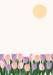 Cute pastel Tulips flowers frame with sun background handdrawn vector illustration for invitation greeting birthday party celebration wedding card poster banner textile wallpaper paper wrap 
