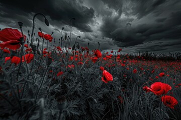 Armistice Day Remembrance: Red Poppies in Dramatic Black and White Field. Selective Color for Veteran's Day on November 11th - obrazy, fototapety, plakaty