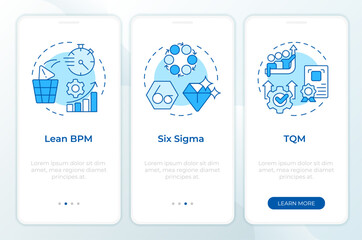 BPM methodologies blue onboarding mobile app screen. Walkthrough 3 steps editable graphic instructions with linear concepts. UI, UX, GUI template. Montserrat SemiBold, Regular fonts used