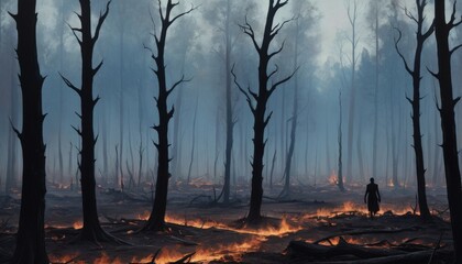 A haunting scene of a burnt forest aftermath with a lone figure standing amidst charred trees, under a hazy, smoke-filled sky.. AI Generation - Powered by Adobe