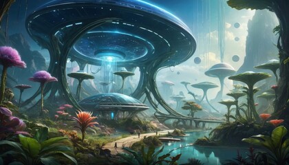 Advanced alien architecture with floating mushroom-like structures encompasses a lush, vibrant world, teeming with life and cascading waterfalls.. AI Generation