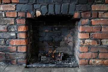 Burning in Brick: A Fireplace with Ash and Charcoal in Brown Brickwork and Scorching Flames