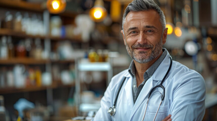 healthcare, profession, people and medicine concept - smiling male doctor in white coat.