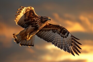 Common Buzzard Landing at Sunset. Spectacular Brown Bird of Prey in Flight - Perfect for Birding Enthusiasts - obrazy, fototapety, plakaty