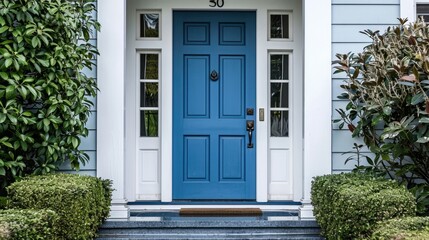 Fototapeta na wymiar Contemporary Architecture. Modern Blue Painted Front Door Flanked by Shrubs for Elegant Entry Way to Home.