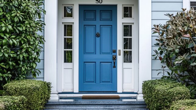 Contemporary Architecture. Modern Blue Painted Front Door Flanked by Shrubs for Elegant Entry Way to Home.