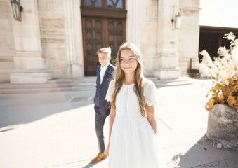 Young Girl in White Dress for Confirmation, Shining in Sunlight, Symbolizing Faith and Innocence - 781876153