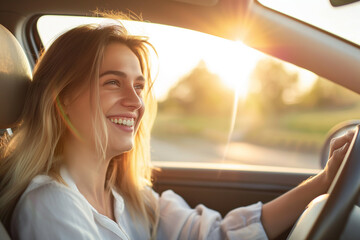 Fototapeta premium smiling woman driving a car. Close up portrait