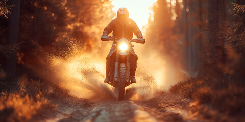 man racer motorcyclist on sport enduro motorcycle riding in race in on dusty forest road at sunset - obrazy, fototapety, plakaty