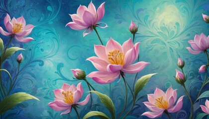 Digital illustration of vibrant pink lotus flowers in full bloom, highlighted by a decorative teal background with swirling patterns.. AI Generation