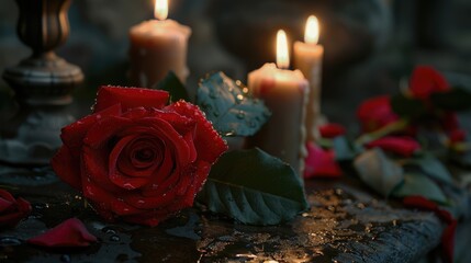 Obraz premium Funeral Remembrance: Red Rose and Cremation Urn with Burning Candlelight in Church or Chapel