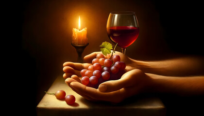 In a timeless still life, a hand gently holds ripe grapes beside a glass of red wine, all warmly lit by the soft glow of a candle. - obrazy, fototapety, plakaty