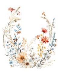 floral wreath made of wildflowers, illustrated in soft watercolor