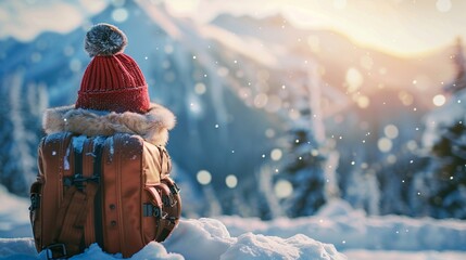 Travel Luggage with Winter Hat on Mountain Snow